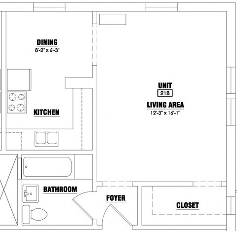 Floor plan for studio, 1 bath, 448 sqft